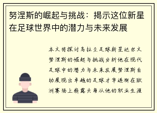 努涅斯的崛起与挑战：揭示这位新星在足球世界中的潜力与未来发展